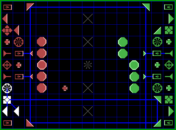 A game of Advanced Laser Chess in progress, with one of the Green player's lasers firing